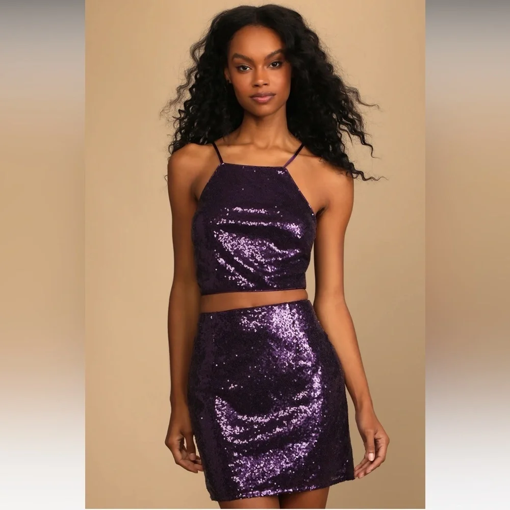 LULUS Purple Sequin Lace-Up Two-Piece Mini Dress NWT Size Large - Picture 1 of 14